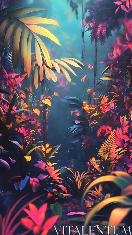 Luminous jungle path where neon leaves softly guide you.
