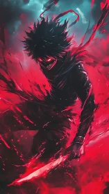 Dark figure with sword stands in red abstract energy field