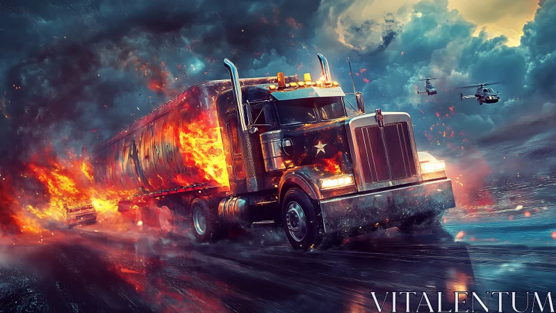 Flaming tanker truck charging through storm battlefield sky.