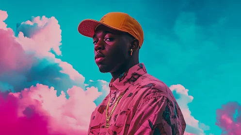 Man in patterned shirt stands before neon cyan pink sky