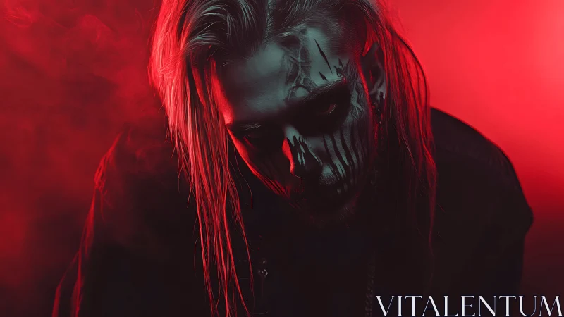 Brooding skull makeup portrait in crimson neon haze.