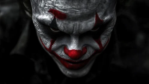 Sinister close-up portrait of eerie clown face in chiaroscuro