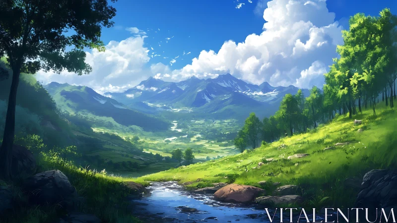 Sunlit mountain valley invites a peaceful wanderer’s pause
