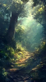 Ethereal Forest Cathedral: Ancient Trees Frame Luminous Woodland Path