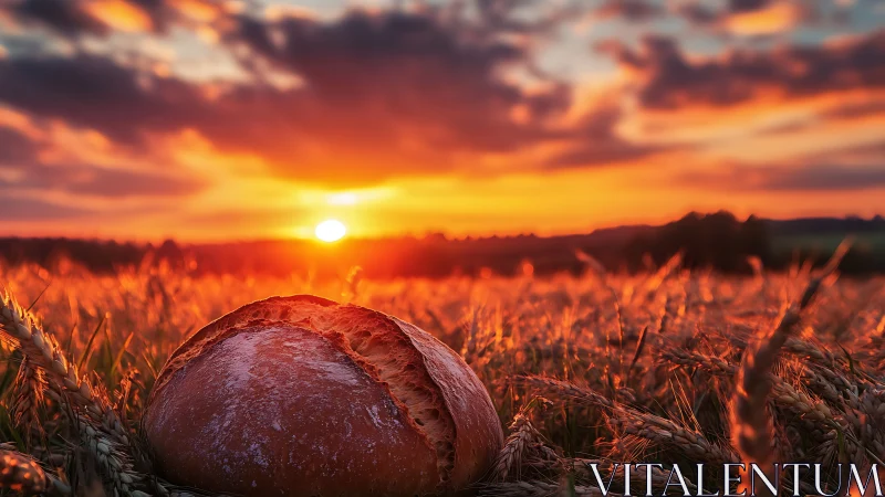 Loaf of Bread in Grain Field at Sunset.
