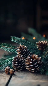 Macro pinecones on rustic wood with shallow depth of field