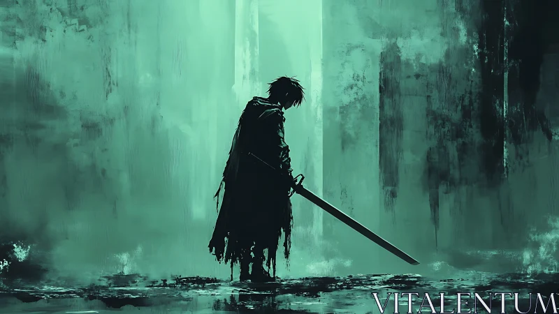 Digital painting of lone swordsman in cinematic teal void.