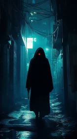 Hooded cyber wanderer strolling through neon city fog.
