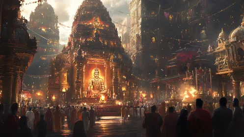 Golden Buddha shrine amid vast ceremonial night temple.