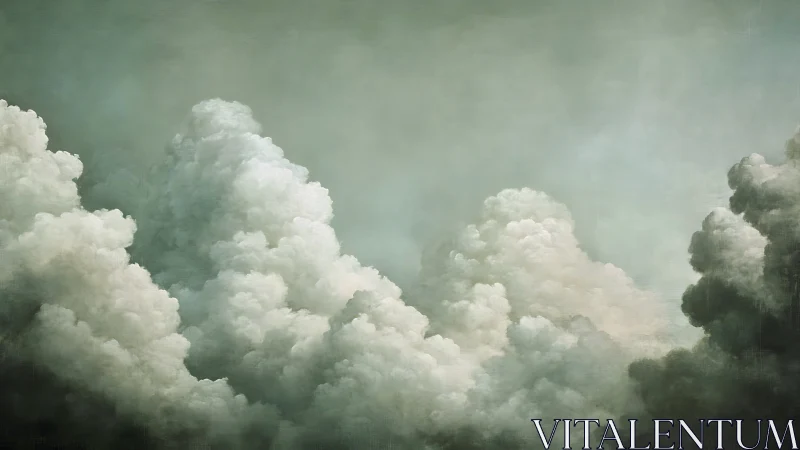 Billowing cloud towers rise softly into a calm pale sky