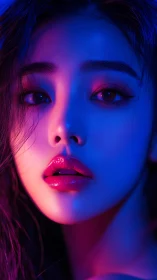 Neon lit female portrait with glossy lips in closeup view.