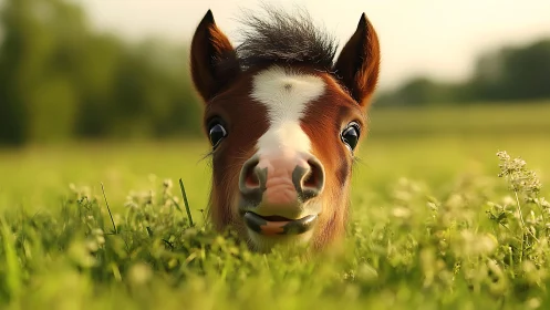 Bright eyed foal peeking playfully through summer meadow.