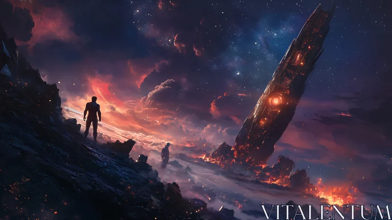 Extraterrestrial wreck survey under ionized nebular skyline.