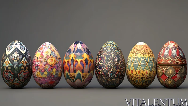 Colorful patterned eggs stand in a cheerful decorative row