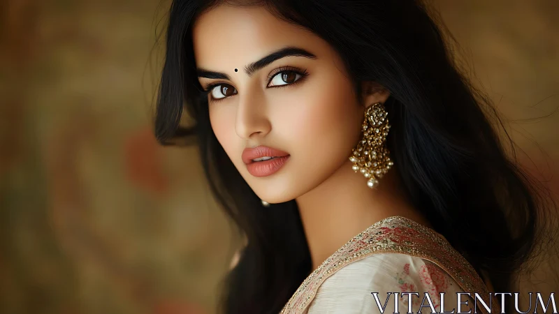 Portrait shows woman in traditional attire with gold earrings