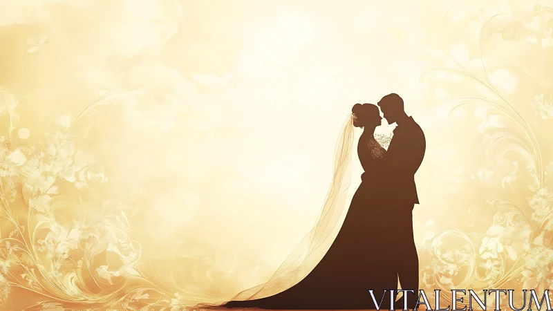 Golden vow silhouettes bloom in a dreamy floral haze.