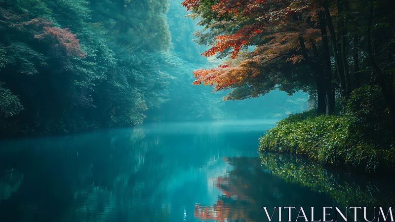 Autumn Forest Lake Reflections with Turquoise Water.