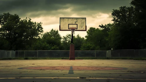 Quiet neighborhood basketball court under stormy skies.