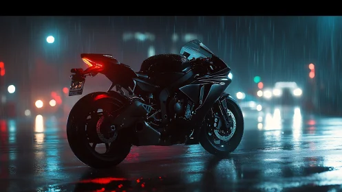 Sport motorcycle in neon-lit rainy street at night urban scene.