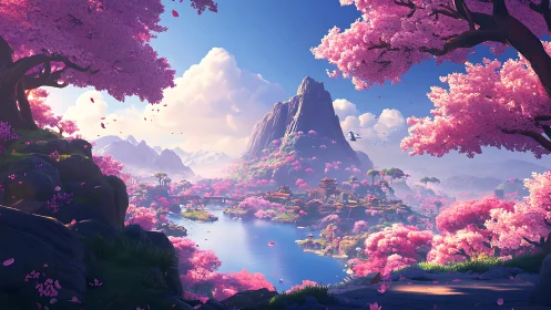 Vast cherry blossom valley encircles mountain lake in stylized dawn