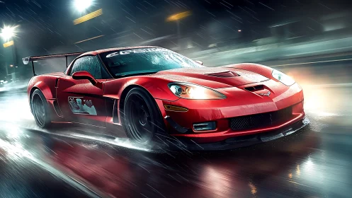 Red race car cuts wet neon track under cinematic night rain.
