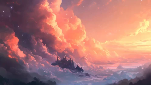 Dreamlit sky castle floating beneath glowing clouds.