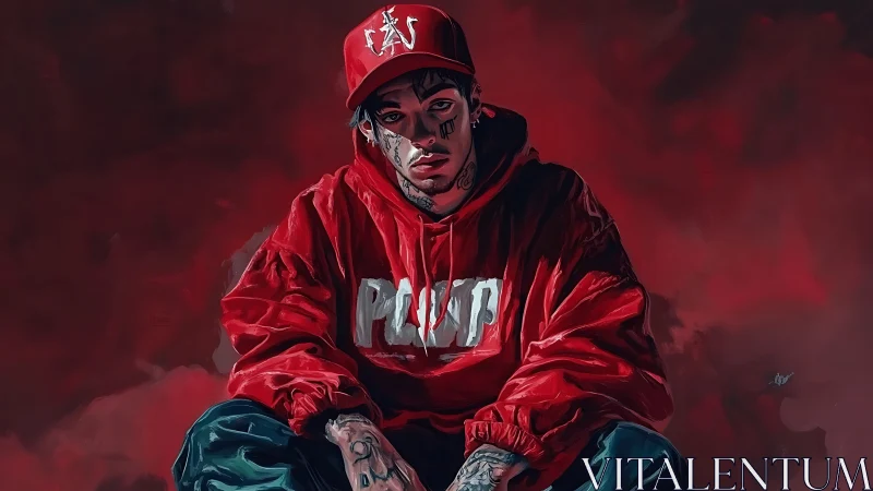 Red-hued digital portrait of tattooed streetwear youth