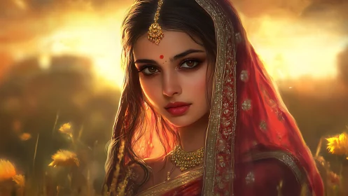 Digital portrait of woman in red sari at sunset field.