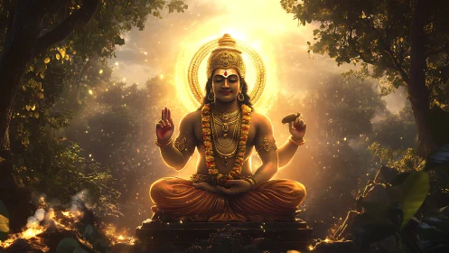 Radiant seated deity meditating in glowing forest light.
