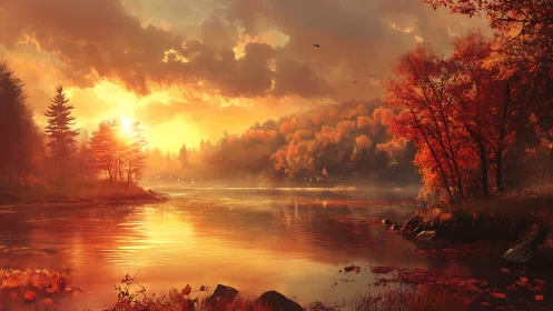 Low-angle autumn lakeside sunset with volumetric light diffusion