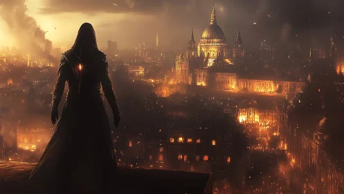 Hooded watcher gazes over a glowing, stormy cityscape.