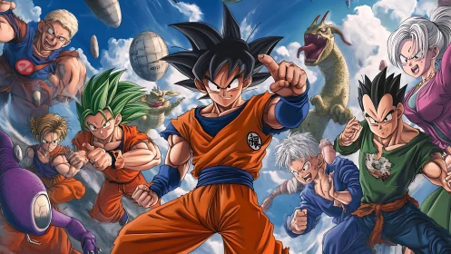 Sky-splitting warriors surge forward as a dragon coils above