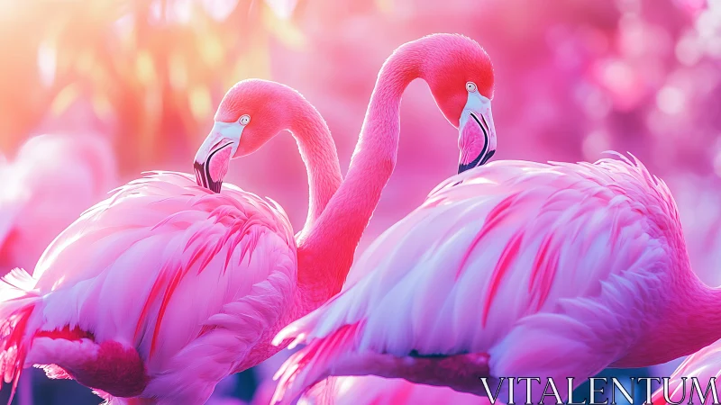Two vivid pink flamingos stand close in soft glowing light.