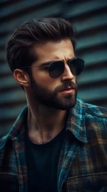 Brooding streetlight rebel in flannel and mirrored shades.