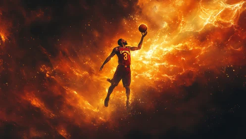Basketball player in midair against fiery abstract backdrop.