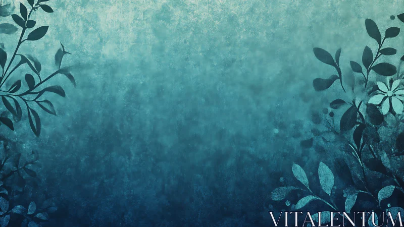 Teal gradient floral foliage silhouette on textured background