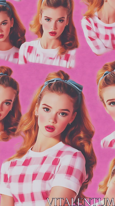 Retro pin-up portrait montage in glossy digital rendering