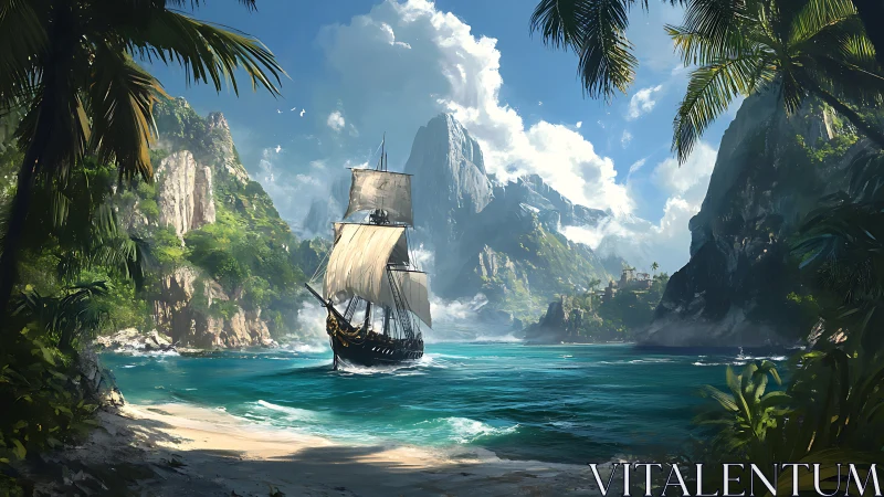 Galleon navigates turquoise lagoon amid steep peaks.