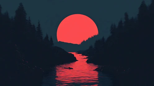 Crimson sun floods forest canyon river with neon reflection.