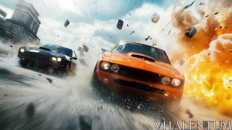 Muscle cars outrun a firestorm in a blur of grit and light