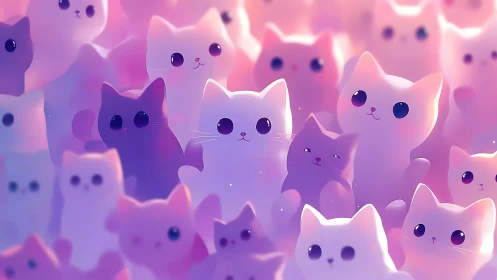 Ethereal Cat Crowd in Vibrant Pink-Purple Gradient.