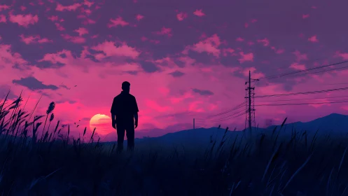 Silhouette watches neon sunset over distant powerlines.