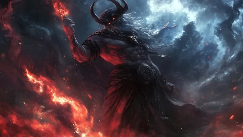 Infernal warlord stitches wildfire across a storm-torn sky