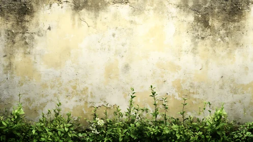 Weathered plaster wall with green plants along base edge.