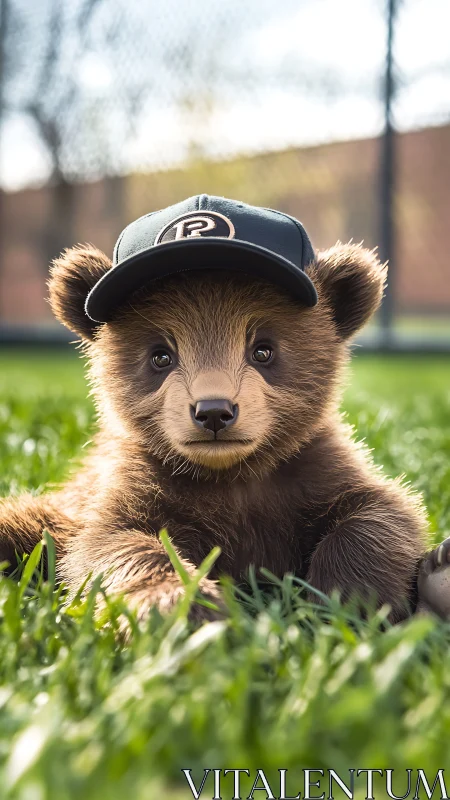 Playful bear cub in a baseball cap relaxes on sunny grass