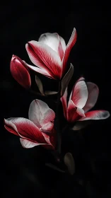 Red and White Tulips Dancing in Shadow.