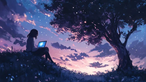 Silhouetted girl uses glowing laptop under twilight sky
