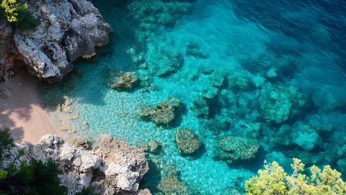 Rocky cove with clear turquoise water viewed from above.