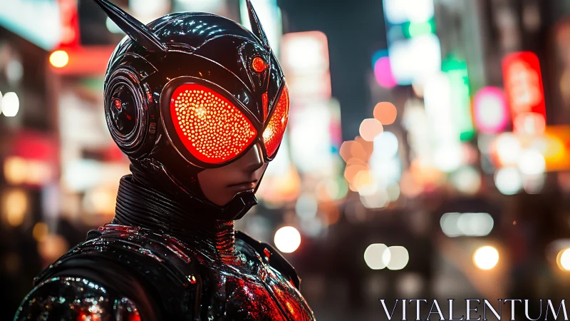 Cybernetic street sentinel with luminous visor in neon bokeh cityscape.