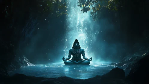 Mystic blue yogi meditating beneath a glowing forest waterfall.